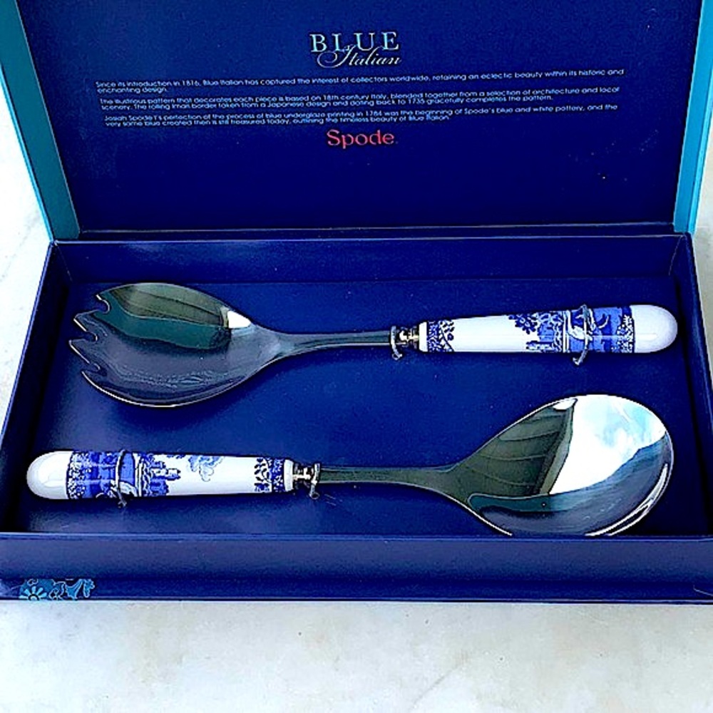 SPODE BLUE ITALIAN SALAD SERVERS  SET OF 2 NIB NEW